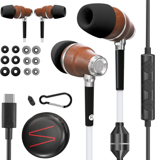 Symphonized Premium Wooden Airtube Headphones EMF Earbuds, 3D Sound, Microphone Volume Control, 8mm Bass Drivers Granting High Audio Quality for USB C Android Devices and iPhone 15 and Up ONLY