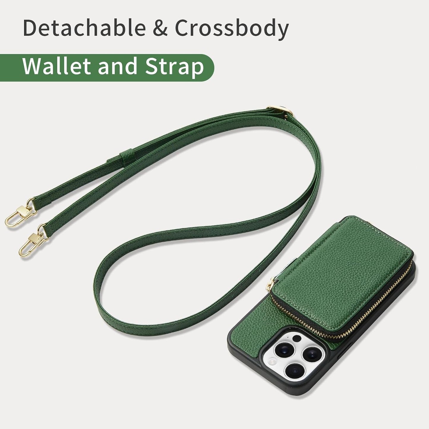 ZVE for iPhone 15 Pro Max Crossbody Wallet Case, Card Holder Phone Purse for Women, Zipper RFID Blocking Leather Cover with Wrist Strap for iPhone 15 Pro Max (6.7 inch)- Dark Green