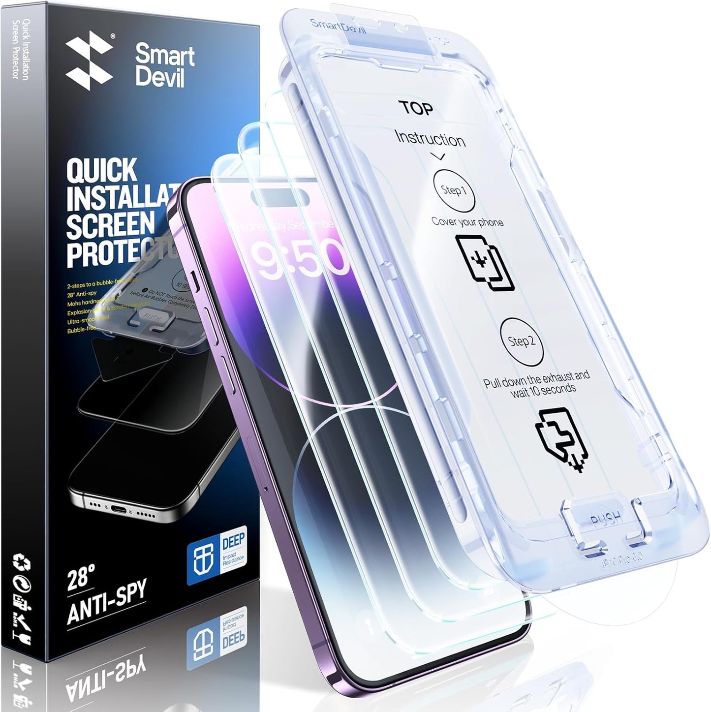 SMARTDEVIL 2 Pack Screen Protector for iPhone 14 Pro Max (6.9 Inch) Tempered Glass, HD Clear Film, Easy Installation, Dust-Free & Bubble-Free