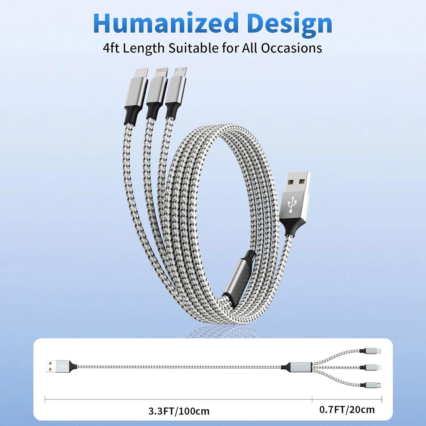 Multi Charging Cable, (2 Pack 4FT) Multi USB Charger Cable 3 in 1 Charging Nylon Braided Fast Charging Cord with Type-C, Micro USB, IP Port for Most Phones/iPhones/Tablets