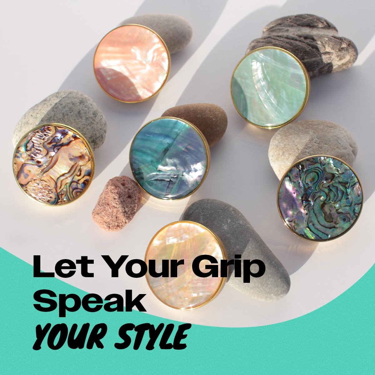 OnTheGrip Cute Natural Seashell Design Round Shape Collapsible Mobile Phone Grip Stand Holder for Smartphone Tablet Cell Phone Accessory (Black Fresh Water)