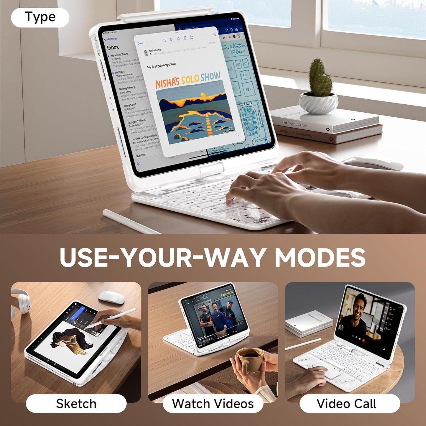 Transparent Case with Keyboard for iPad Air 13 Inch (M3/M2, 2025/2024), iPad Pro 12.9 Inch (6/5/4/3 Gen),7-Color Backlit,Magic Wireless Keyboard, 360°Rotating,with trackpad,Pencil Holder,White