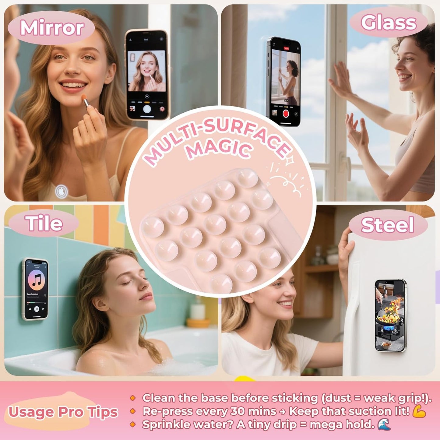 for MagSafe Suction Mount - 29 Silicone Suction Cup Phone Mount with Magnetic Phone Grip, for iPhone 12/13/14/15/16 Series, Hands-Free Sticky Grip for TikTok/Instagram, Light Pink