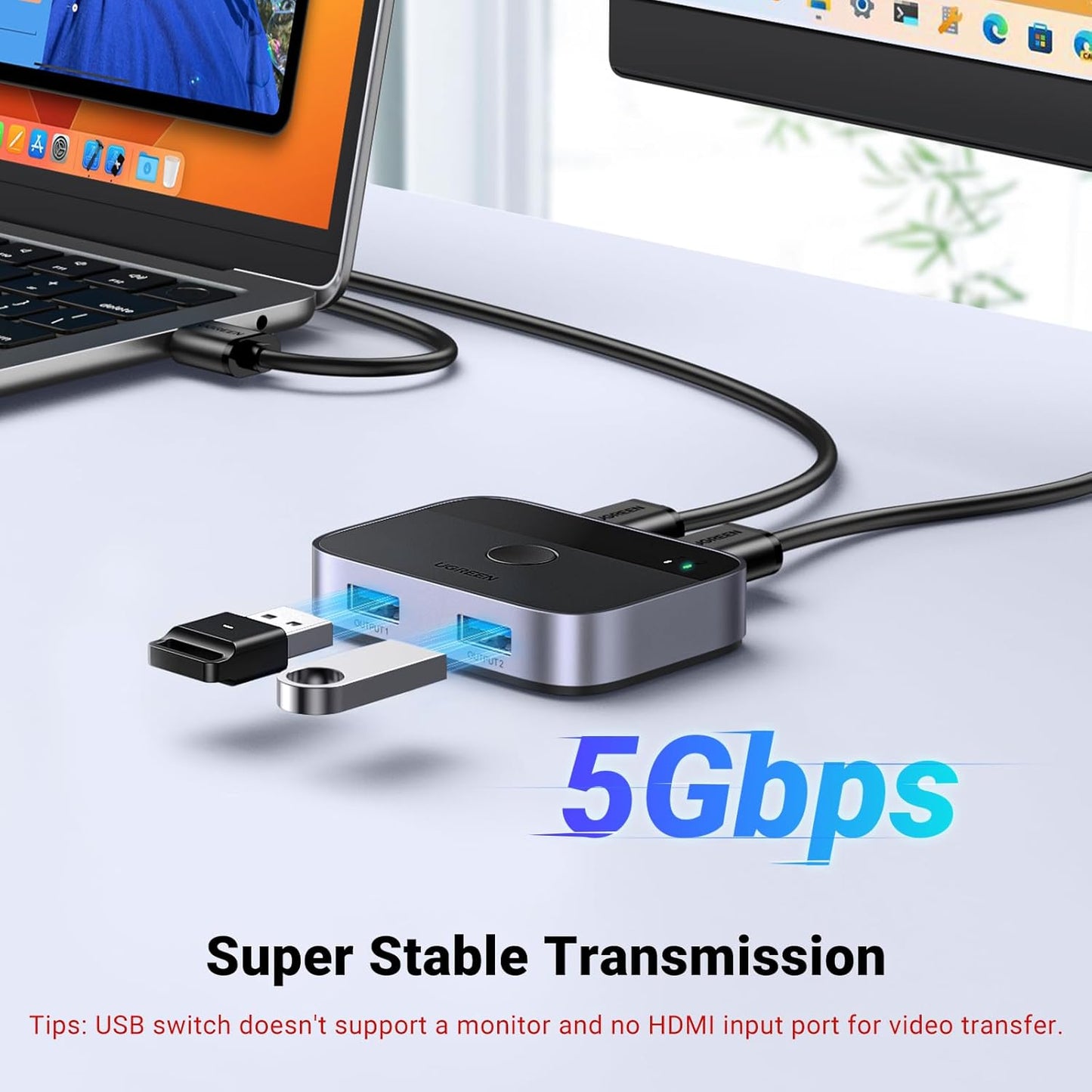 UGREEN USB 3.0 Switch 2 in 2 Out, USB Switcher 2 Computers Sharing Keyboard and Mouse Printer Scanner Webcam, Printer Splitter for 2 Computers, 2 Port USB Selector Switch with 2 USB3.0 Cables