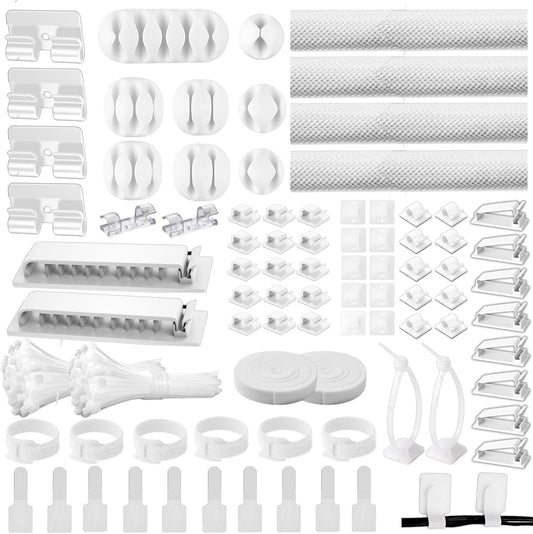 [313Pcs] Cable Management Kit, 67 Adhesive Cable Clips, Topavatop Desk Cord Organizer, 22 Reusable Cable Strap, 4 Cable Sleeve Split, 200 Nylon Cable Zip Ties with 20 Mounts for TV Office Home, White