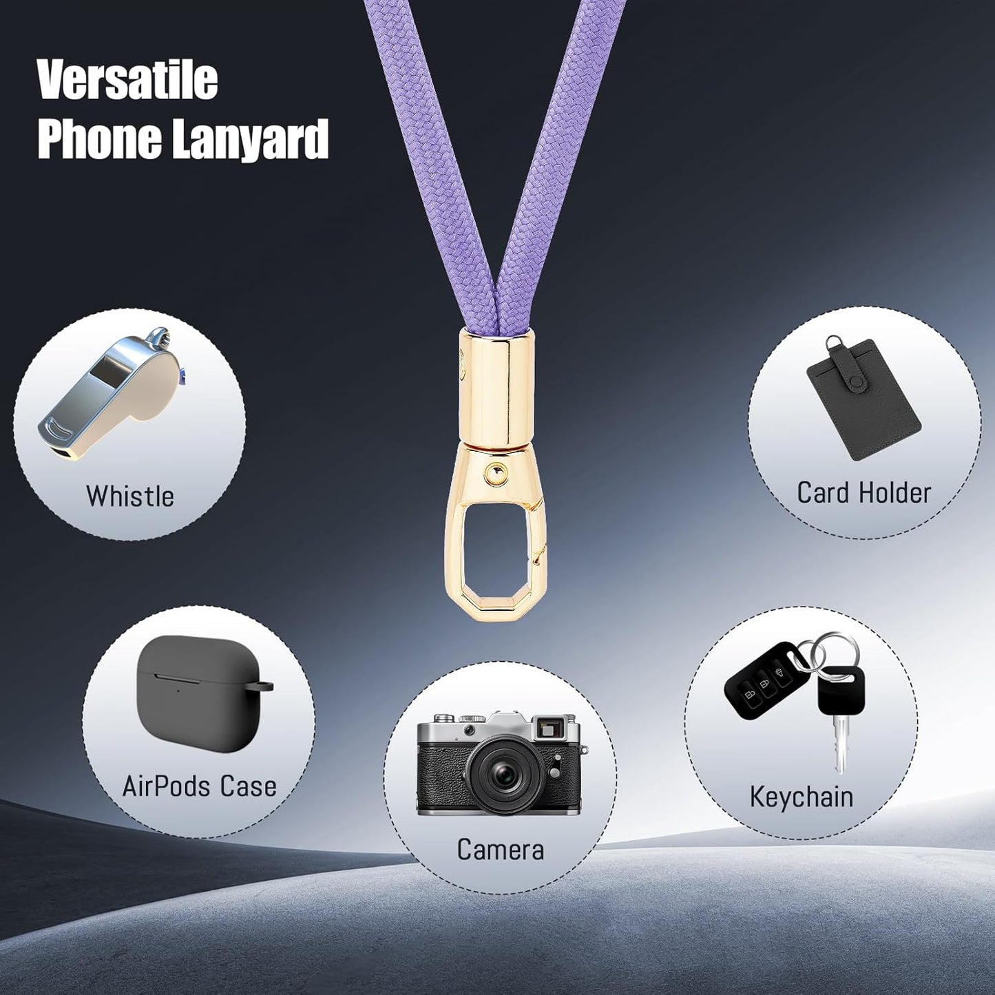 Phone Lanyard 2 Pack, 2x Adjustable Crossbody Phone Strap, 2x Tether Tab, Anti-theft Universal Cellphone Multifuctional Patch Lanyards for iPhone & Most Smartphones, Black + Purple