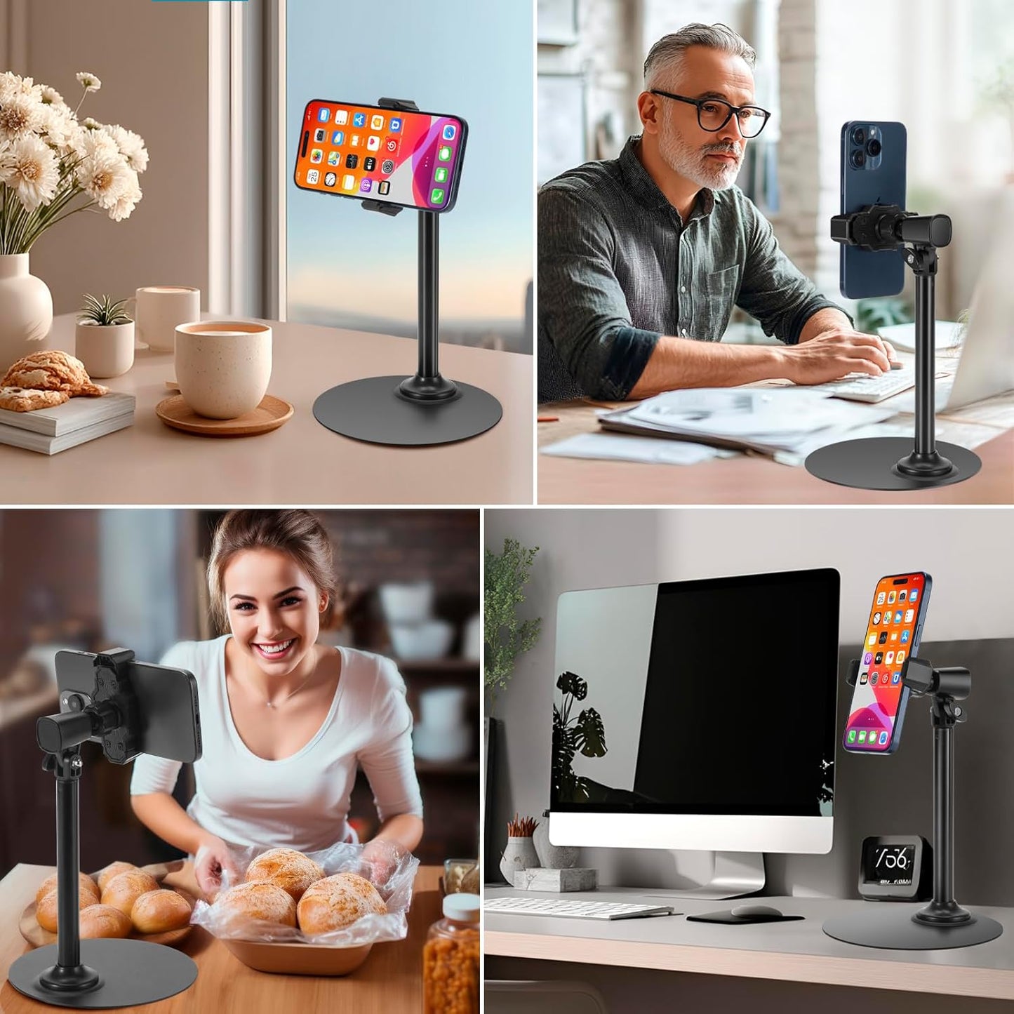 Adjustable Phone Stand for Desk with Clip Mount Live Streaming: 360° Rotatable Overhead Shot Holder with Sturdy Metal Base, Compatible with TikTok, YouTube, Zoom Video Recording (Black)