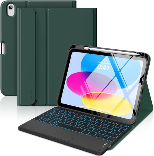 MoKo Touch Keyboard Case for iPad (A16) 11th Generation 11 inch 2025,iPad 10th Generation 10.9 inch Case with Pencil Holder,7 Colors Backlit Multi-TrackPad Detachable Bluetooth Keyboard,Midnight Green