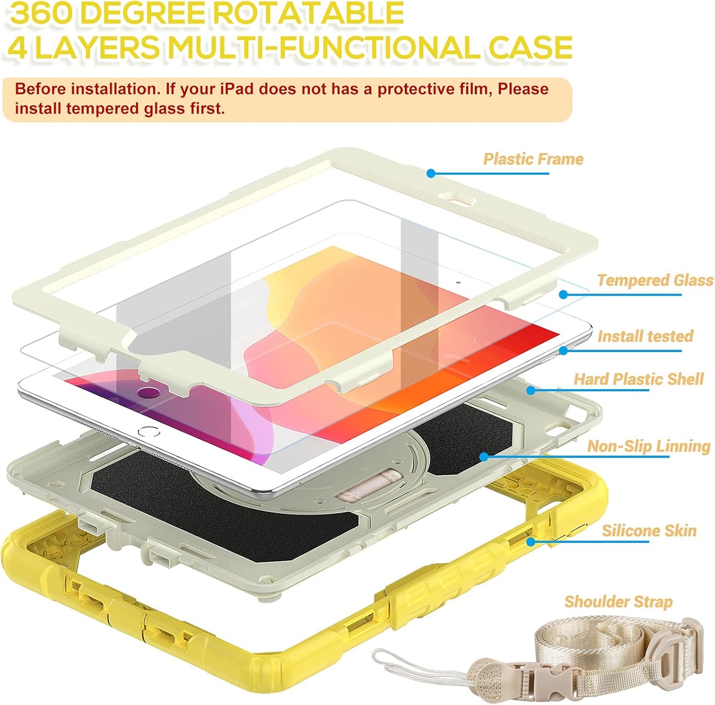 BLOSOMEET Kids Case for iPad 10.2 9th/8th Generation 2021 2020 with Tempered Glass Screen Protector Pen Holder,Cute Girls Boys iPad 7th Gen Cover Rugged w/Stand Hand Shoulder Strap Yellow