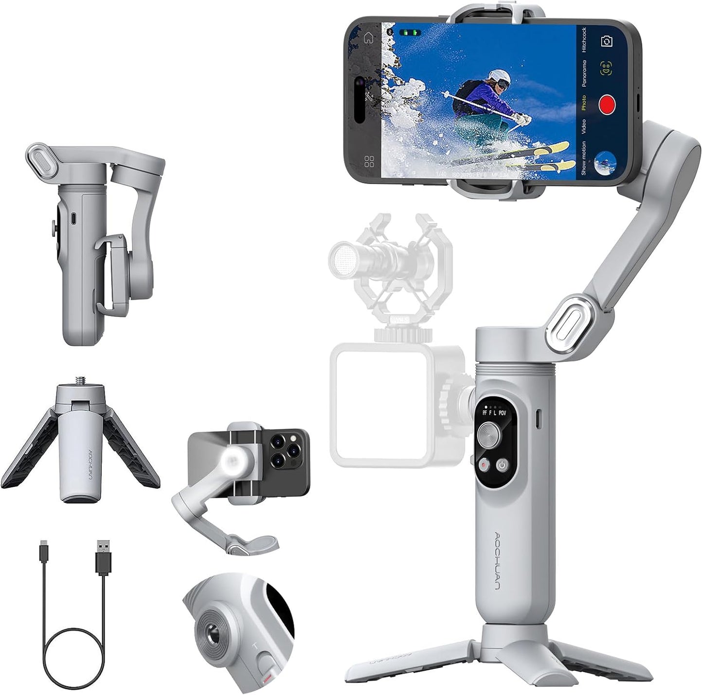 Gimbal Stabilizer for Smartphone with Face/Object Tracking for iPhone 15 14 Pro Max Android,3-Axis Foldable Phone Gimbal w/Built-in Light,1/4 Threads for TikTok YouTube Vlogging(Smart X Grey)