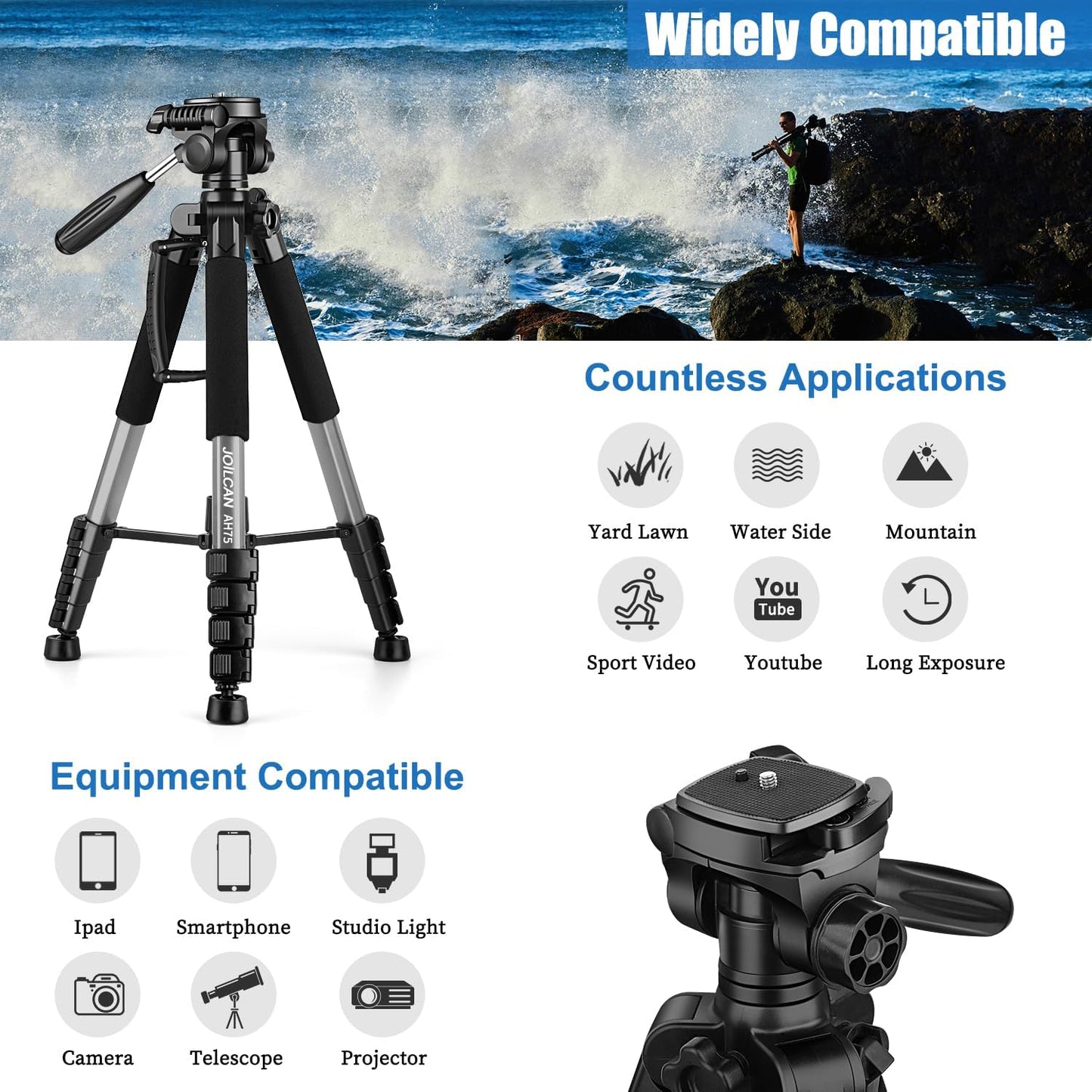 JOILCAN Tripod Camera Tripods, 74" Tripod for Camera Cell Phone, Heavy Duty Tripod Stand, Professional Travel Tripods Compatible with Canon iPhone DSLR, Starry Gray