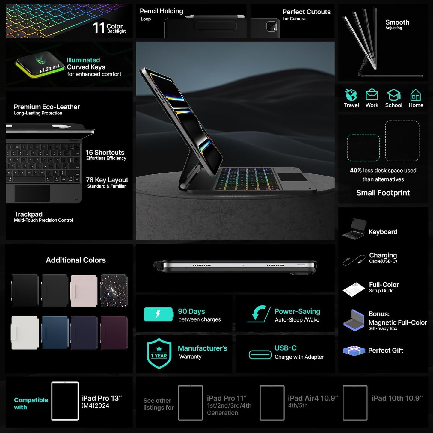 typecase Keyboard Case for iPad Pro 13-inch (M4) 2024,Magic Keyboard with 11 Colors Backlight for iPad Pro 13,Keyboard Case with Pencil Holder,Multi-Touch Trackpad, Easy-Set Magnetic Stand,Black