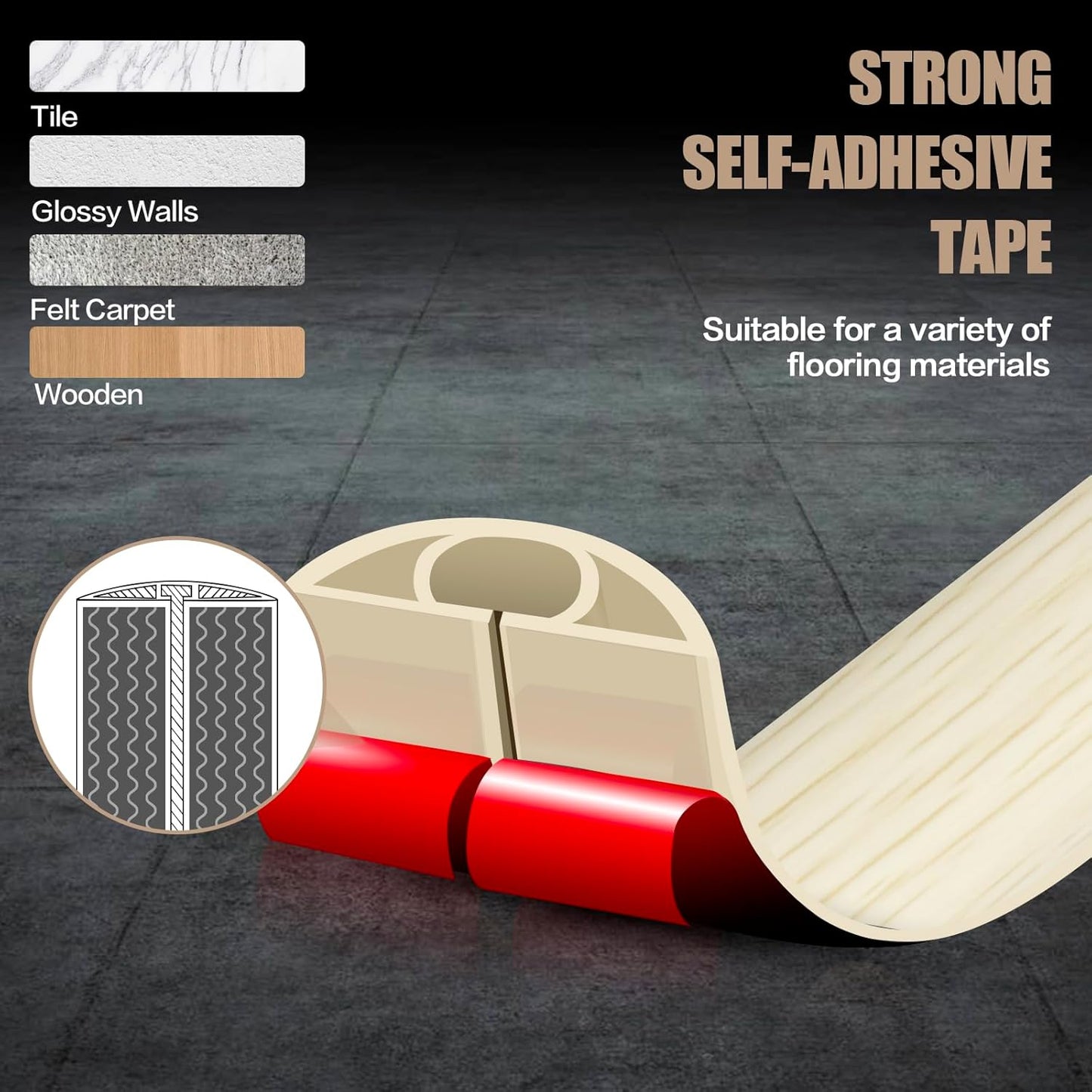 Floor Cord Cover Self Adhesive Cord Hider,10FT Cable Management, Extension Strip Protector for Wires, Prevent Cable Trips for Offices, Gyms, Exhibitions Cavity:0.3"(W) x 0.28"(H) Yellow Wood