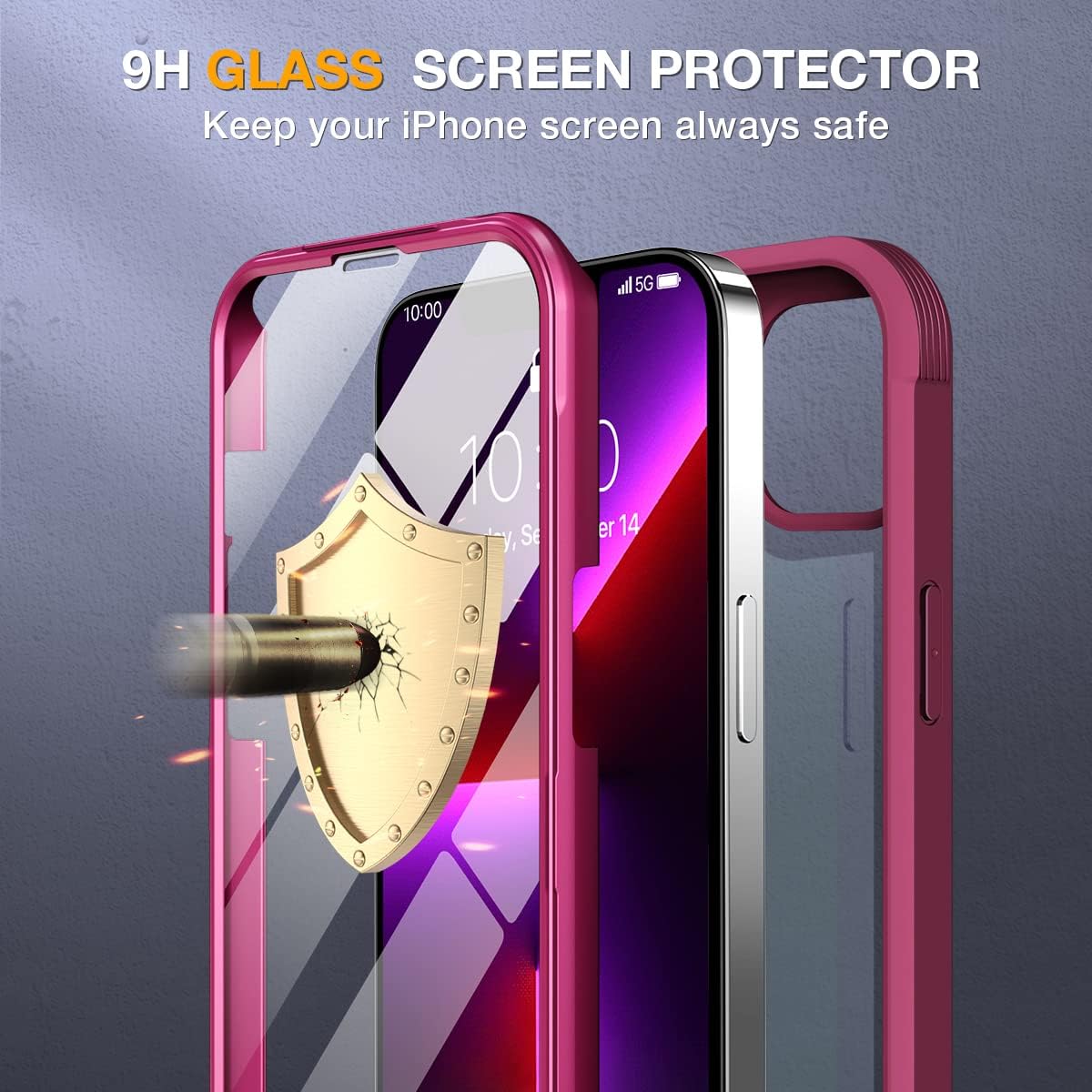 Miracase Glass Case for iPhone 13 Pro Max 6.7 inch, Upgrade Full-Body Clear Bumper Case with Built-in 9H Tempered Glass Screen Protector for iPhone 13 Pro Max, Claret Red