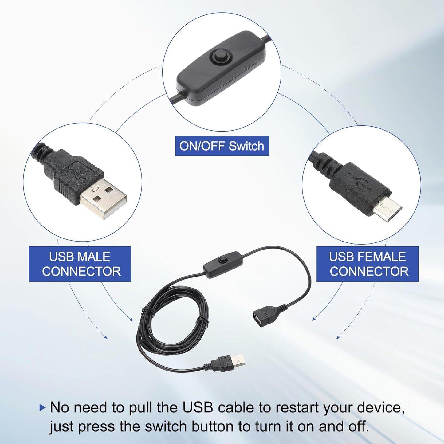 MECCANIXITY USB Extension Cable with ON/Off Button Switch 2m USB Male to Female Extension Cord for Desk Lamp Fan LED Light Strip Black Pack of 2