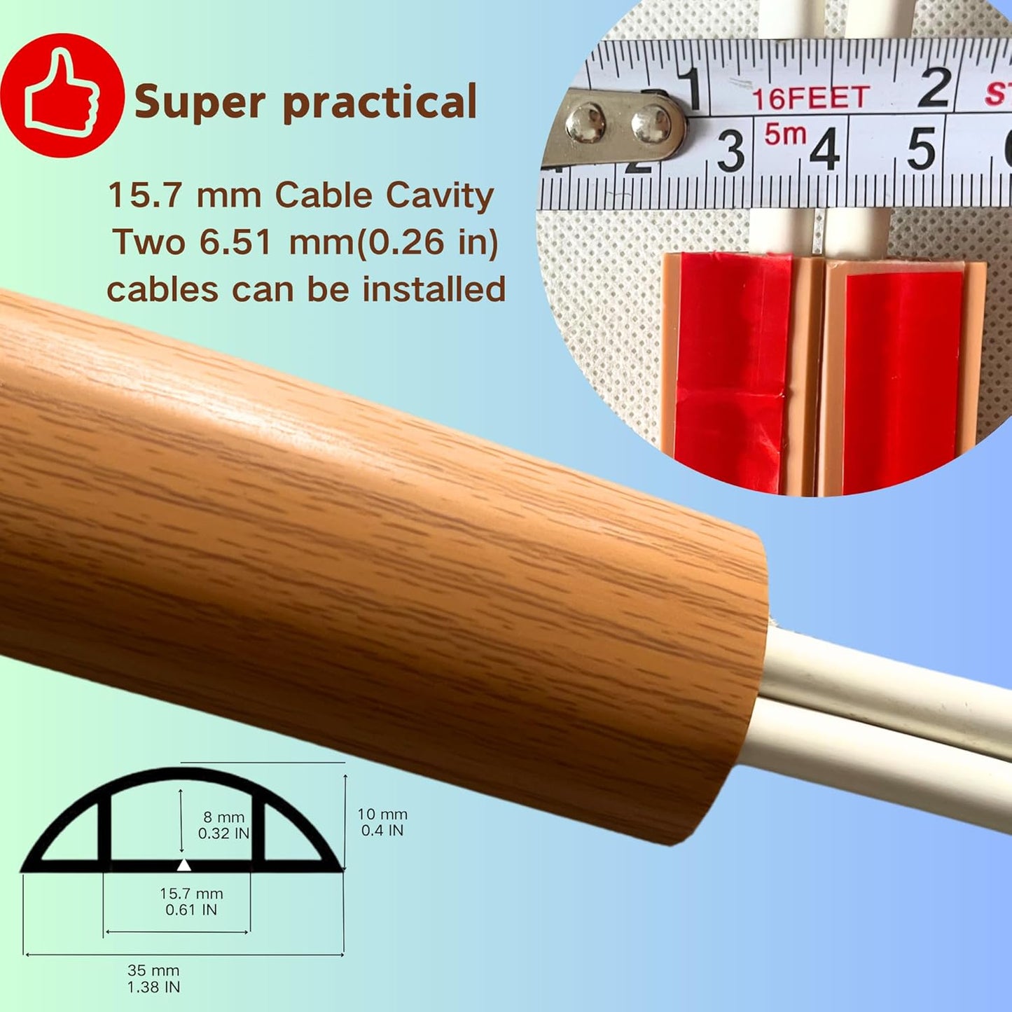 3.3ft Self Adhesive Floor Cord Cover,Heavy Duty Soft PVC Cable Protector and Extension Cord Hider,Cord Management System to Hide Wires on Floor,Cable Cavity:0.61"(W) x 0.32"(H) Yellow Wood