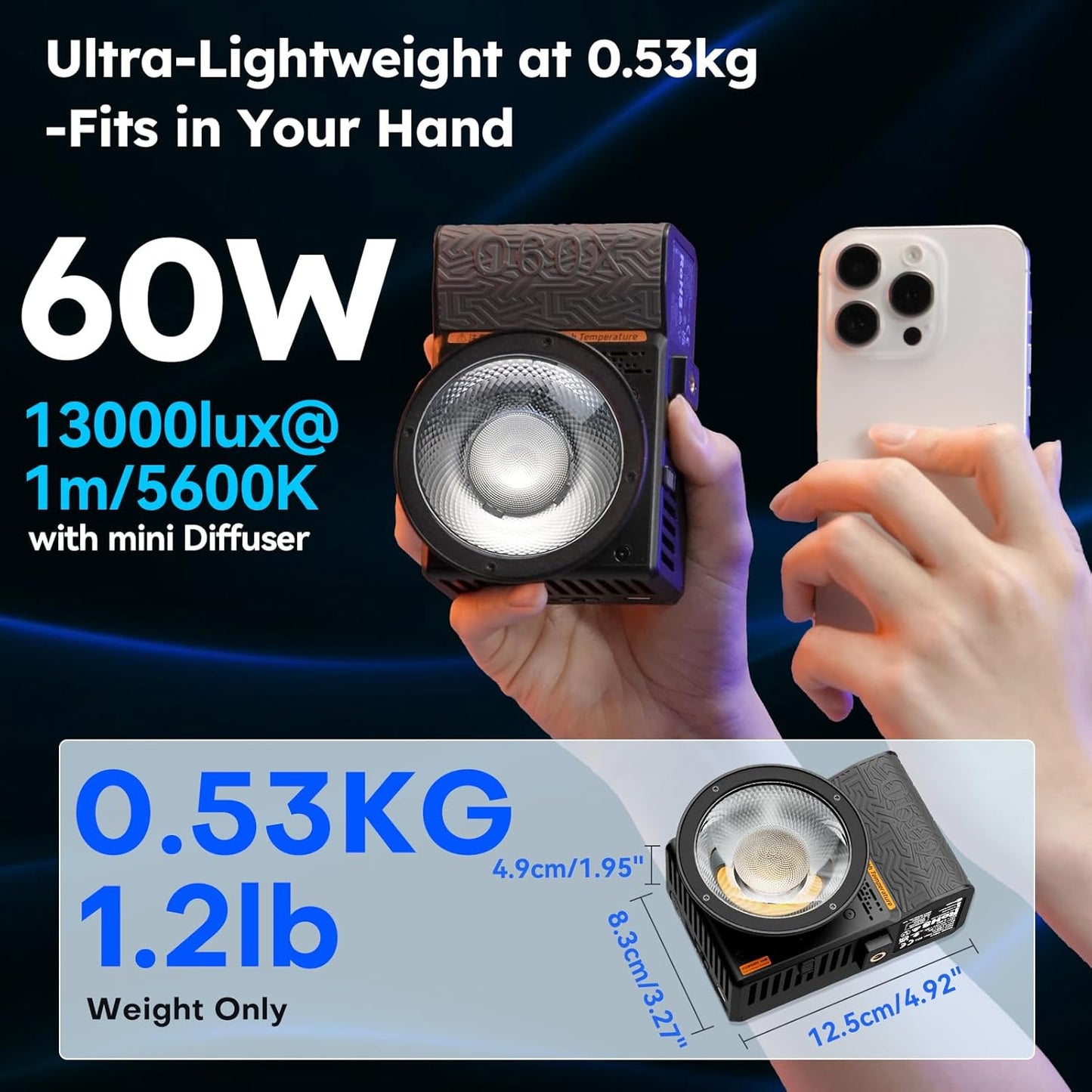 SIRUI C60X 60W Portable Photography Light, Ultra-Quiet 24.9dB & 0.53KG Compact Design, 2H Fast Charging, 13,000 Lux High Output, Bluetooth Control for Studio/Outdoor Video Lighting