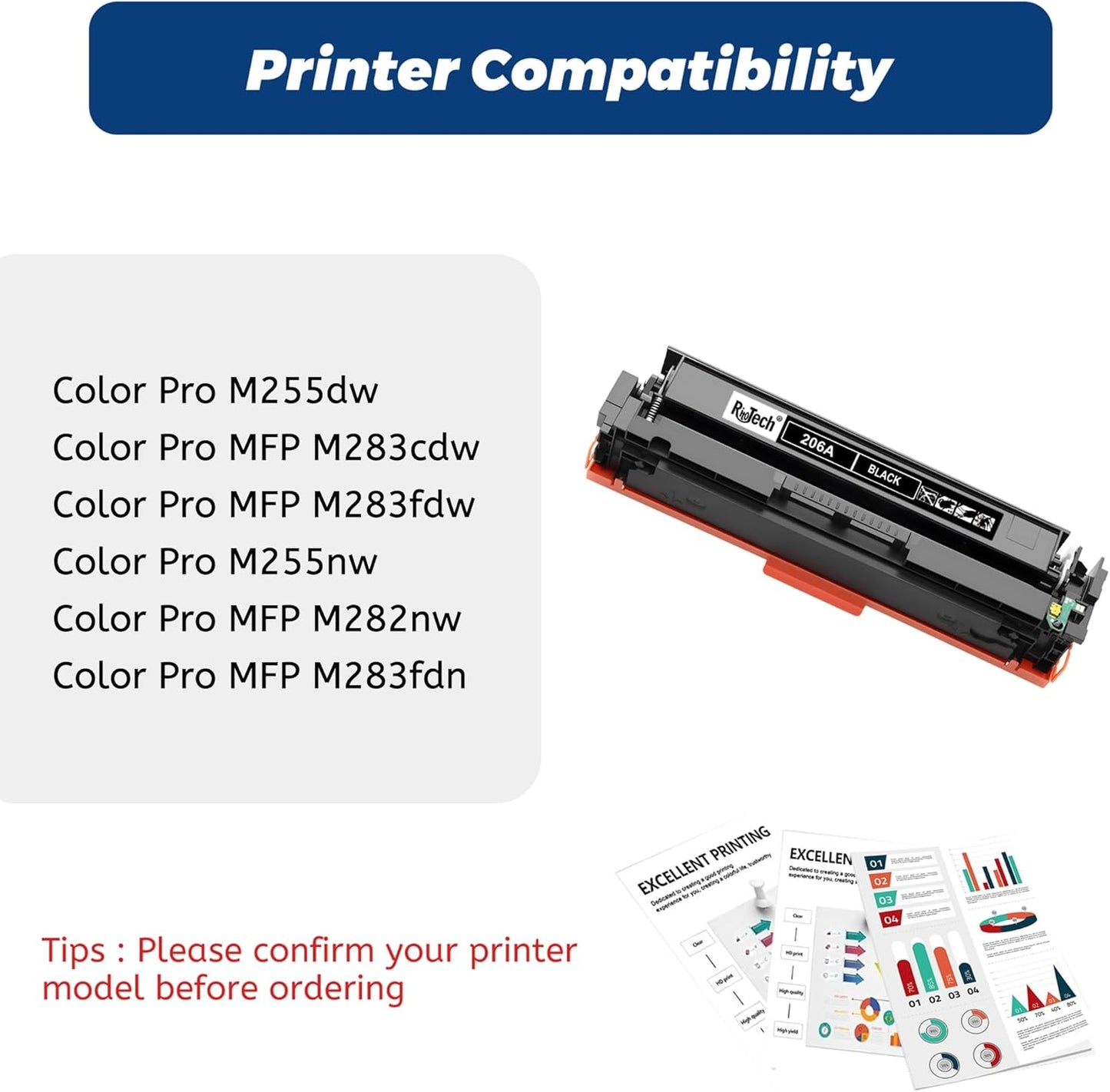 206A Black Toner Cartridge,with Chip 2 Pack Replacement for HP 206X W2110A for HP Color Laserjet pro M283cdw M283fdw M282nw M255dw M255nw M283 M255 Printer