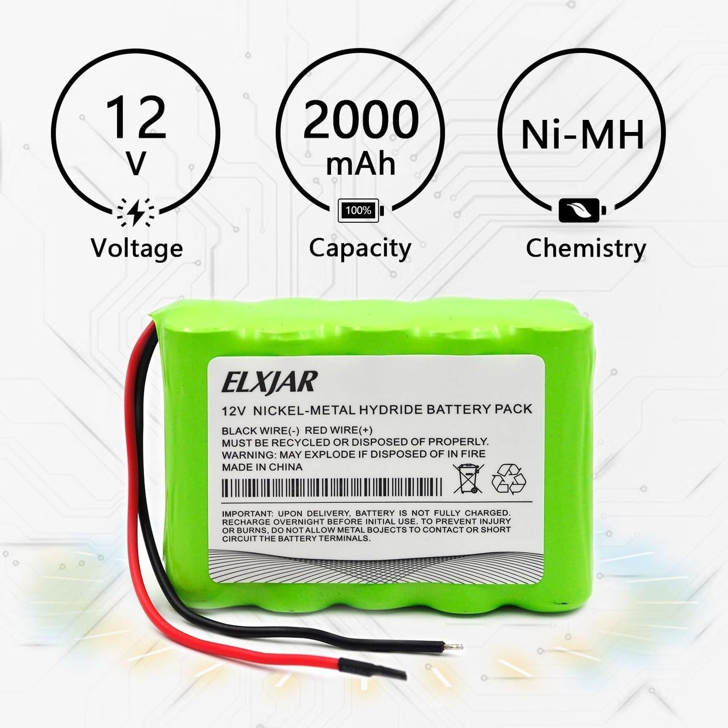 (2-Pack) 12V NiMH Battery Pack AA2000mAh, 10-Cell Rechargeable Replacement for RC Models, LED Kits, Medical Equipment, DIY Projects