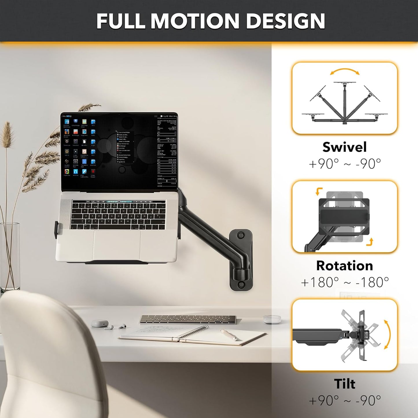 CondoMounts Laptop Wall Mount | Spring-Assisted Arm for 17"–32" Screens, Free-Tilting VESA Laptop Holder, Space-Saving Design, Heavy-Duty Build, Matte Black Finish, Easy DIY Installation