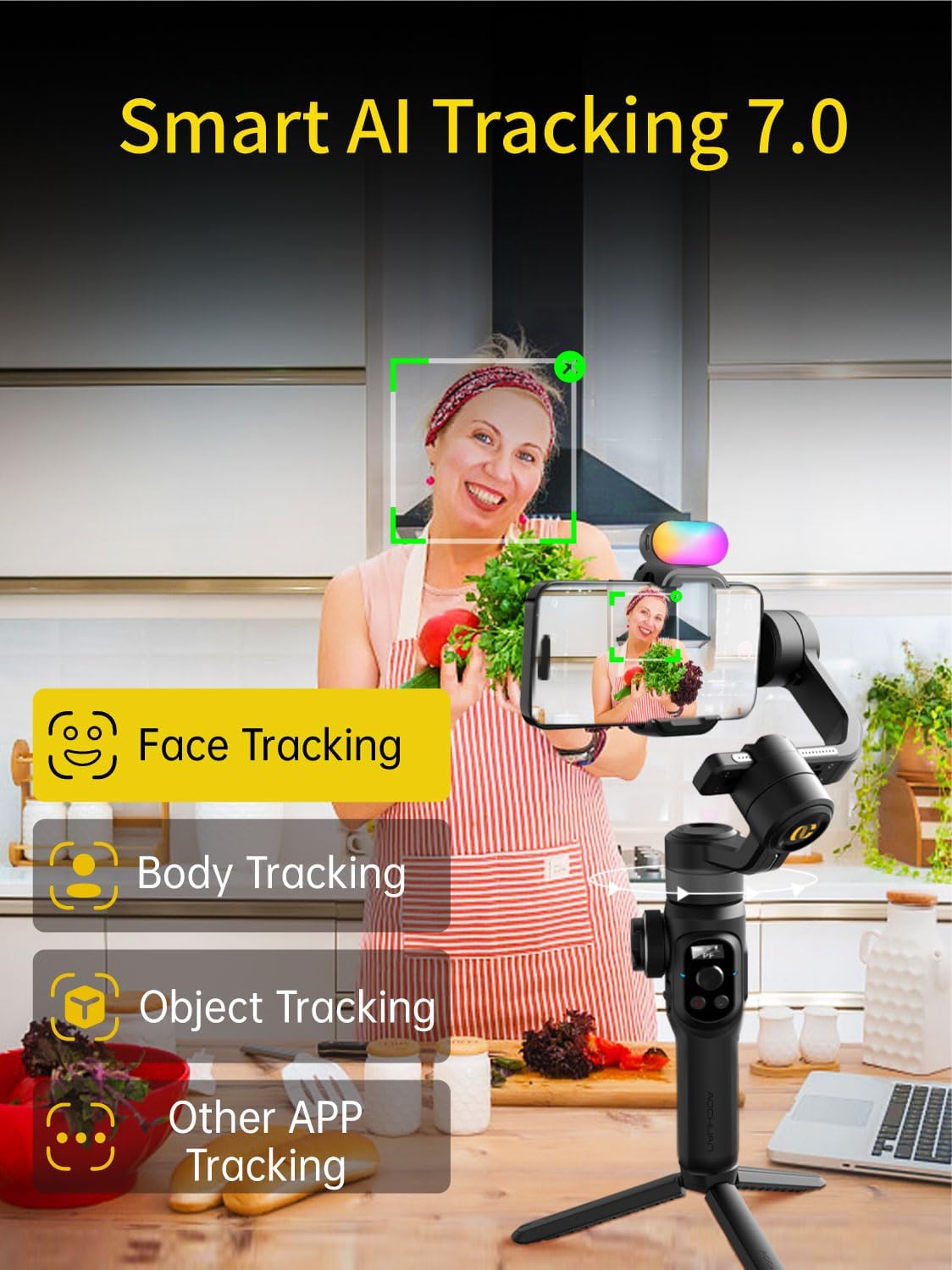 Gimbal Stabilizer for Smartphone, Phone Gimbal w/8" Extension Rod, Profession 3-Axis Stabilizer w/RGB Magnetic Fill Light for Video Recording, Compatible w/iPhone/Andriod-Smart S2 Kit