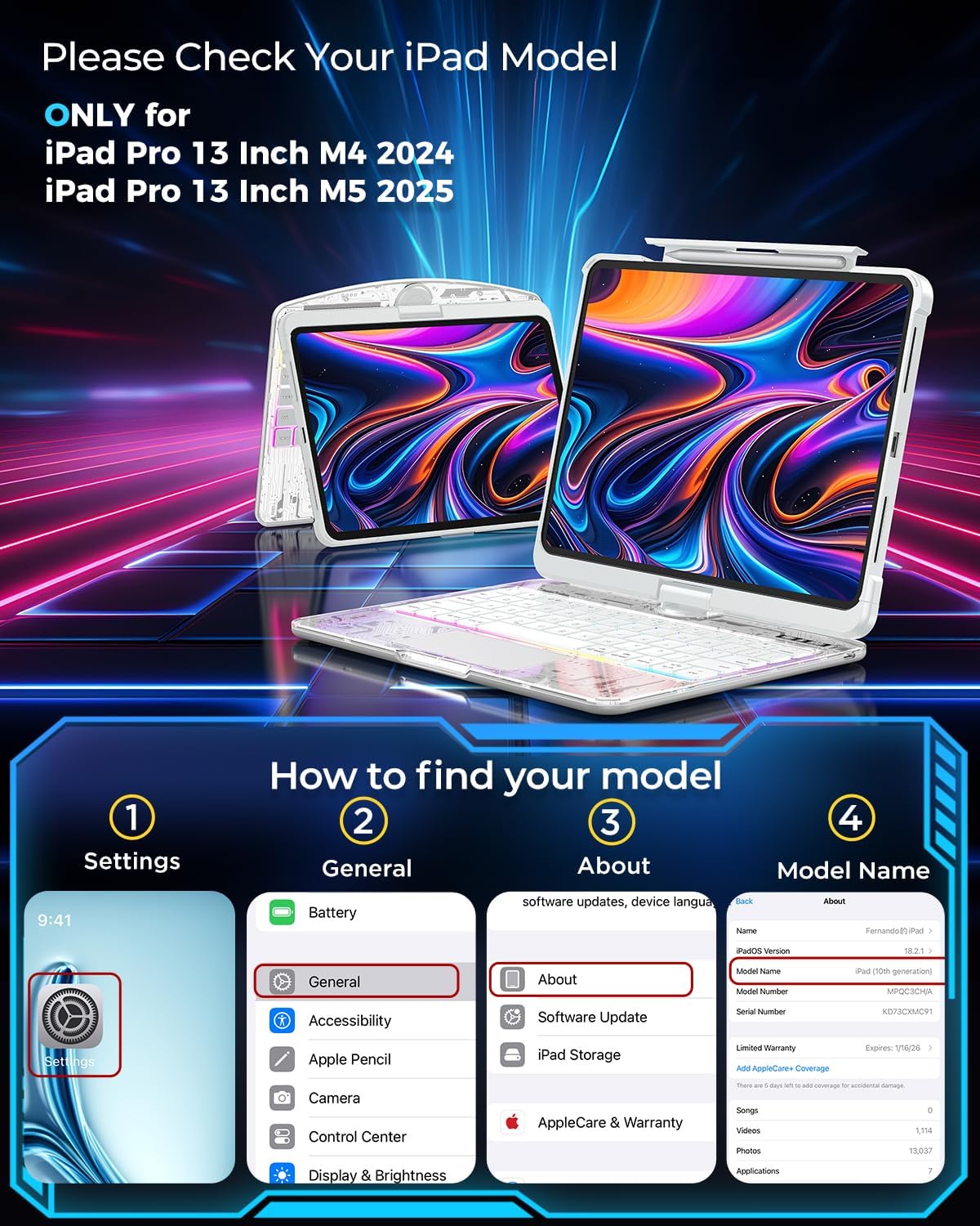 SIBEITU Keyboard Case for iPad Pro 13 Inch M5 2025 / M4 2024, Clear Wireless Keyboard iPad Pro 13inch Cover with Multi-Touch Trackpad, 7-Color Backlight & 3-Brightness, Visible PCB Tech Design, White