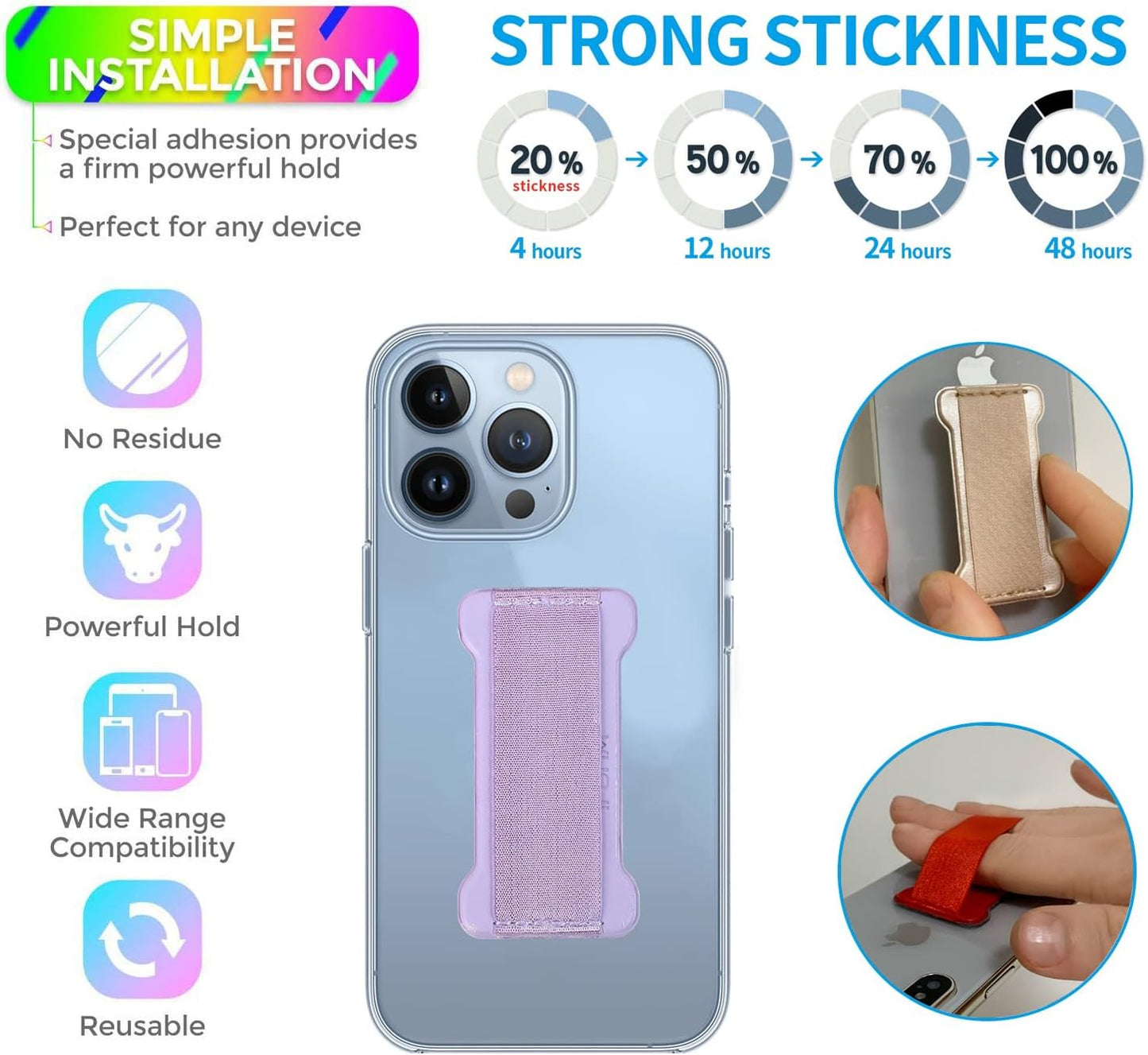 Phone Grip Holder for Hand, Universal Finger Strap Phone Holder, Finger Selfie Grip Compatible with Most Smartphones (Black Purple) -2Pack