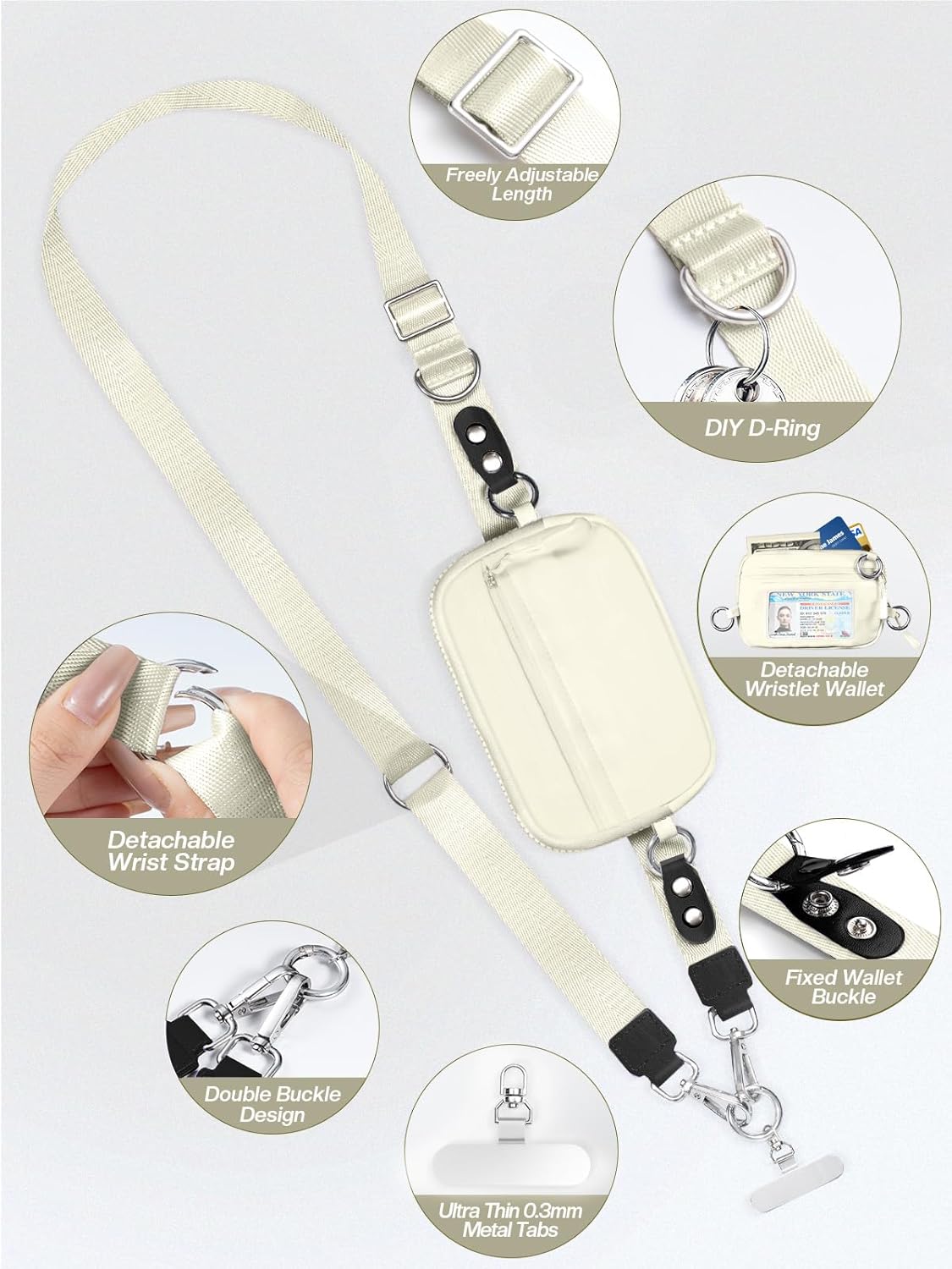 Clip and Go Strap for Phone with Wallet Crossbody Phone Lanyard Adjustable and Detachable RFID Wristlet Wallet with ID Window and Zipper, Beige