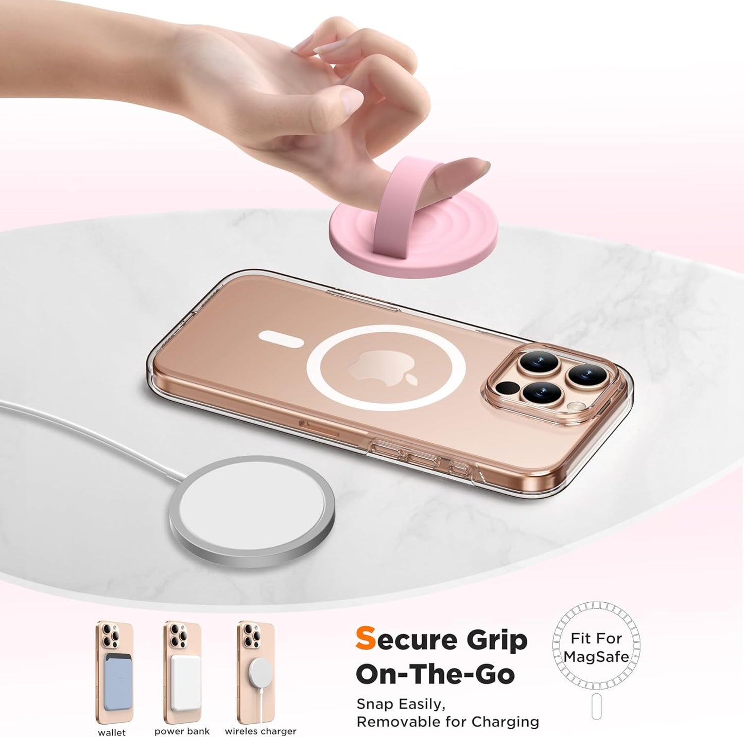 Magnetic Phone Ring Grip Holder, Silicone Finger Loop Grip, Compatible with MasSafe, Back of Phone for iPhone Pro Max/Plus/16/15/15/14/13/12 Series, Pink