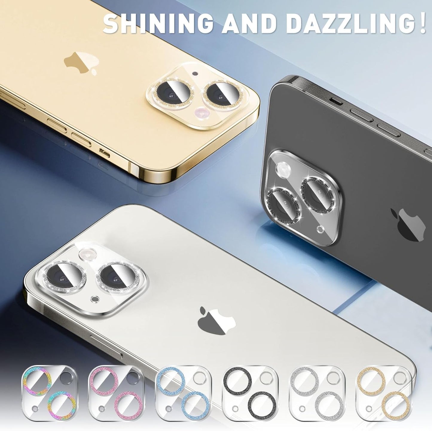 LucBuy 3PCS Sparkling Camera Lens Protector for iPhone 12/iPhone 12 Mini, Full Clear Acrylic Cover with Shiny Colorful Glitter Designed Decoration Back Camera Protector