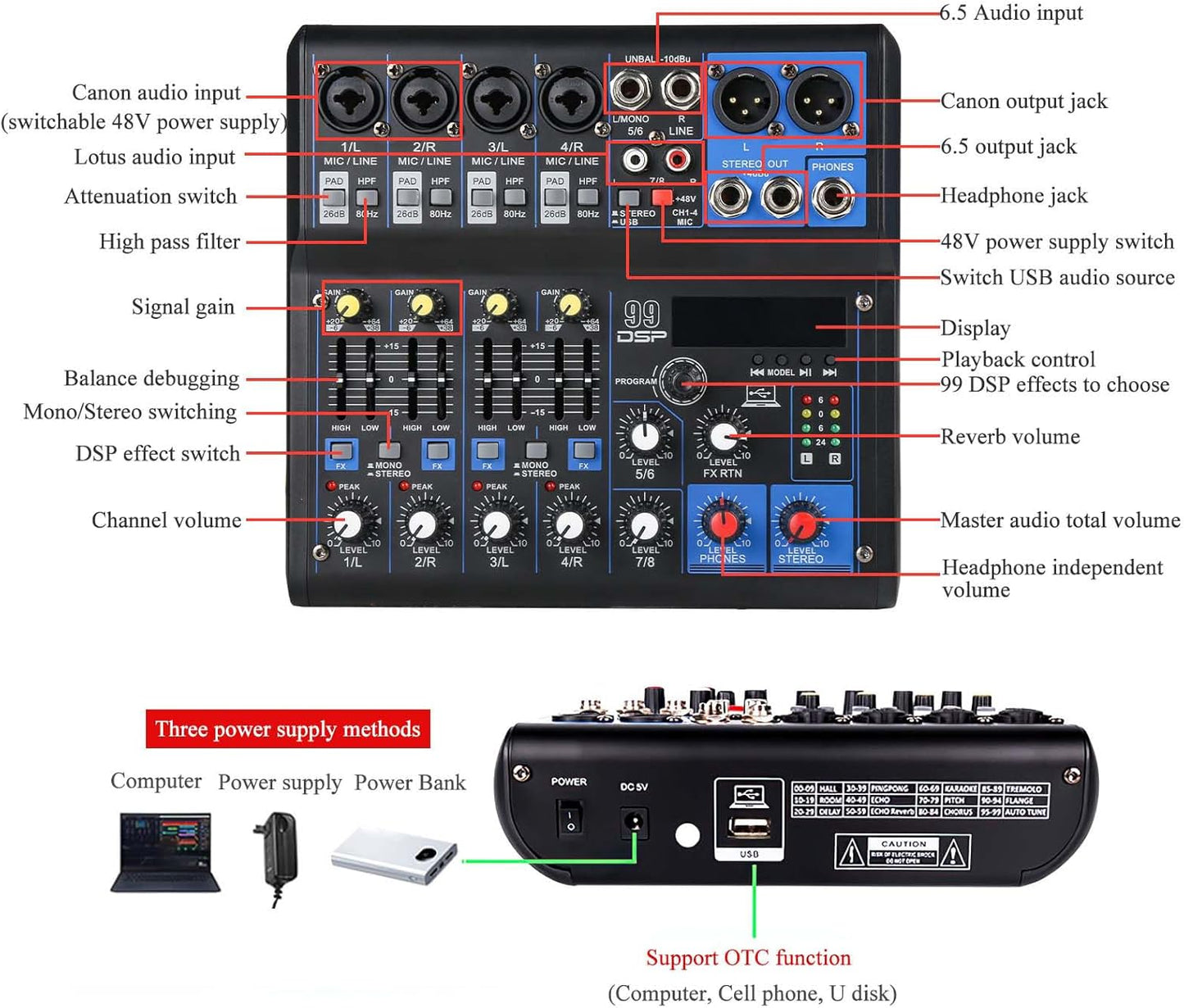 Dj Mixers 8 Channel Audio Mixer Sound Board with Bluetooth, Usb Audio Interface with Sound Card Recording and 48V Phantom Power Sounds Mixer Board with 99 DSP FX Reverb Delay Effect for Streaming