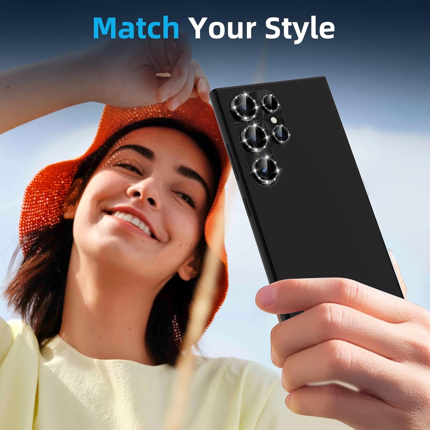 YWXTW Camera Lens Protector for Samsung Galaxy S24 Ultra, [Lithography Laser Gradient] [5X Strengthen] Bling Glitter Tempered Glass Screen Protector Metal Ring Camera Lens Cover (Titanium Black)