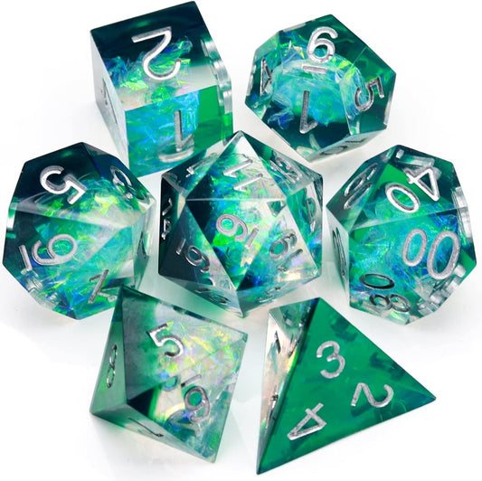 Haxtec DND Dice Set Sharp Edge Resin Dice Iridecent Inclusion with Dice Case Green D&D Dice for RPG Role Playing Games Compatible with Dungeons and Dragons Gift Galaxy Series