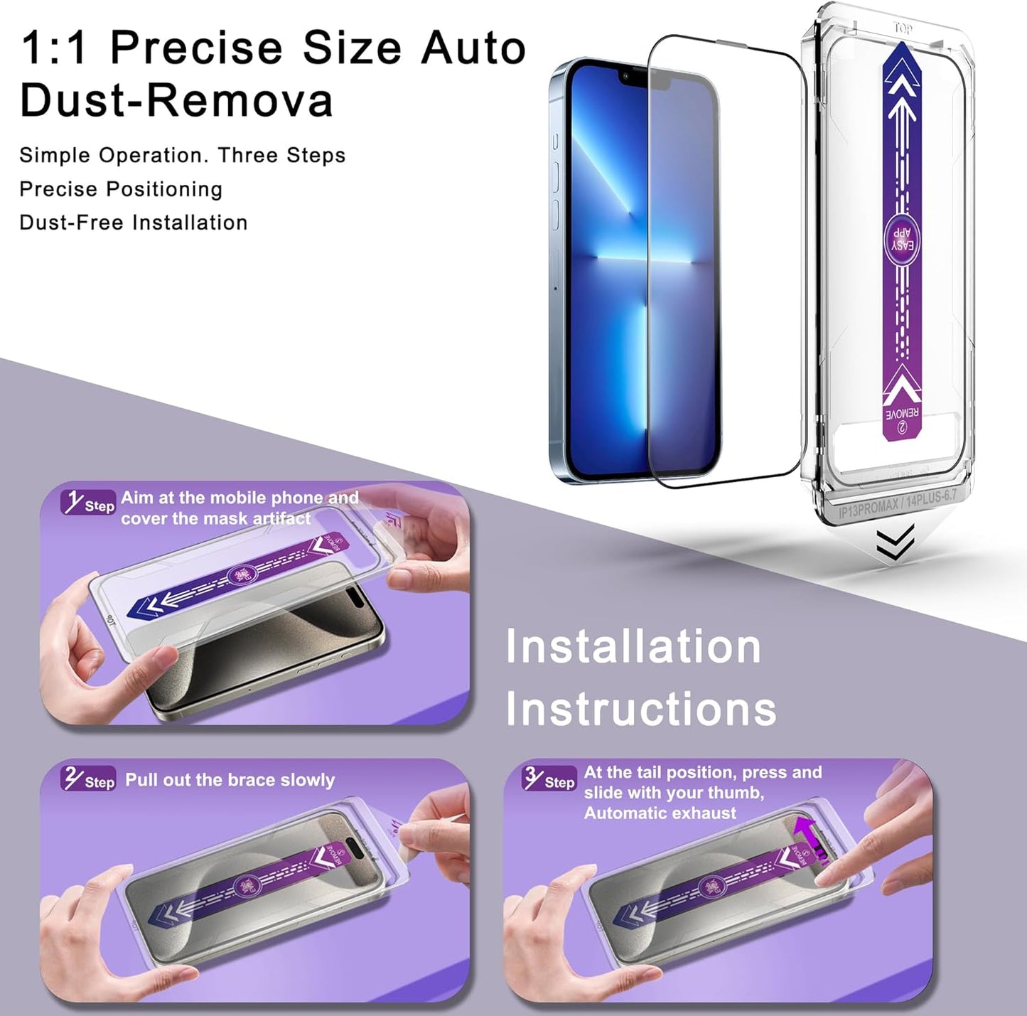 2 Pack Screen Protector for iPhone 13 Pro Max/iPhone 14 Plus, 9H Tempered Glass, Full Coverage, Anti-Fingerprint, Auto Dust-Elimination, No Bubble, Easy Installation