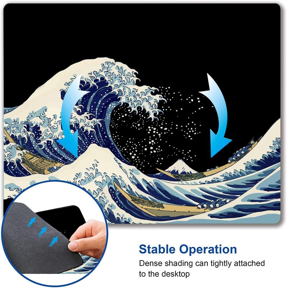 Mouse Pad, Japanese Sea Wave Design Mouse Pad, Washable Square Cloth Mousepad for Gaming Office Laptop, Non-Slip Rubber Computer Mouse Pads for Wireless Mouse, Cool Mouse Pads for Desk