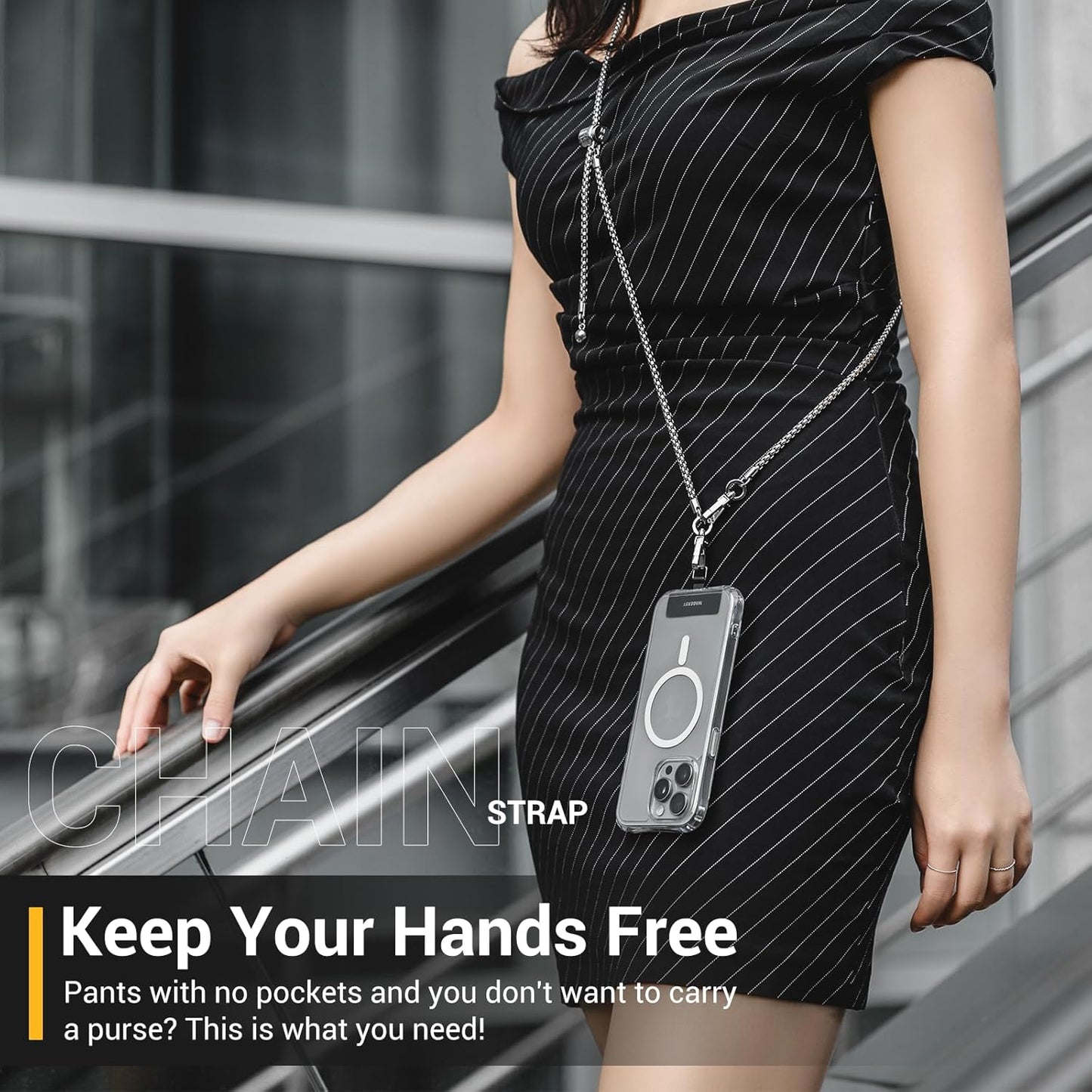 MAGEASY Crossbody Phone Chain Strap - Universal Metal Crossbody Phone Lanyard With Adjustable Length, Chic Cell Phone Necklace Crossbody Strap for iPhone & Android Phones - Silver Metal