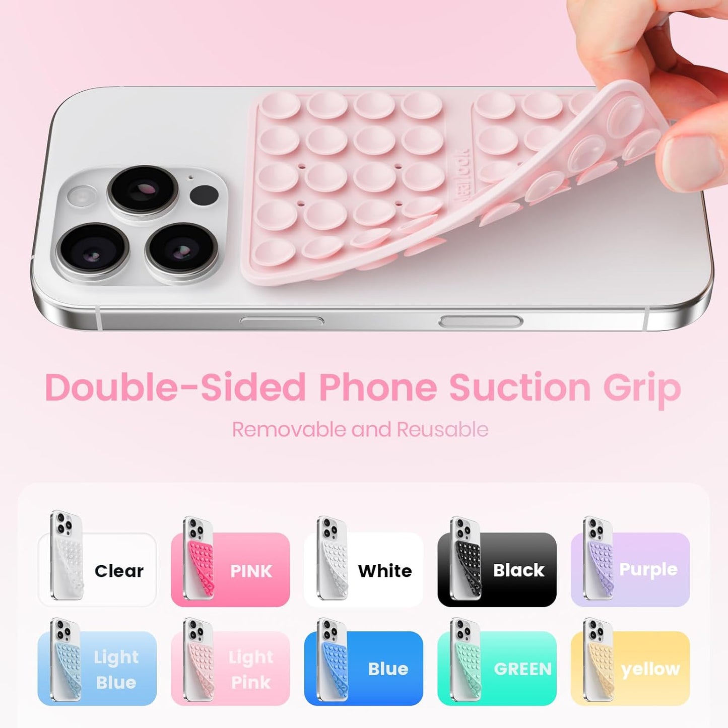 2PCS Silicone Suction Cup Phone Case Mount Double Sided, Hands-Free Phone Accessories Holder for Selfies and Videos, Silicon Sticky Phone Grip for iPhone and Android, Transparent&Light Pink