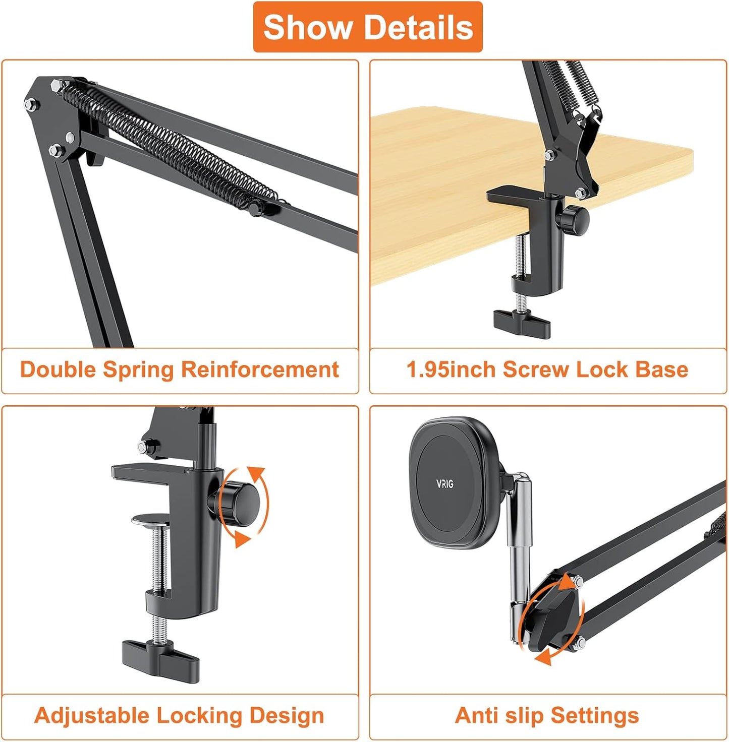 UURIG Overhead Phone Mount Stand with Magsafe, Articulating Arm Cell Phone Holder for Desk, Cell Phone Holder for Live Streams, Zoom Calls, Online Teaching, Selfies, Remote Working