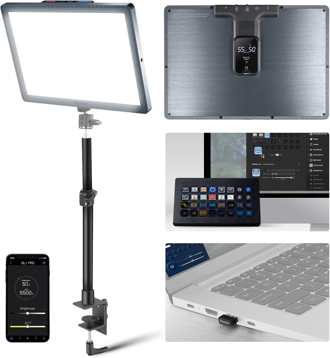 NEEWER GL1 PRO 15.5" Key Light for Streaming, Video Lighting with 2.4G PC/Mac iOS/Android APP Control, 2800LM LED Panel Light with Desk Clamp Compatible with Elgato Stream Deck for Gaming Zoom, Gray