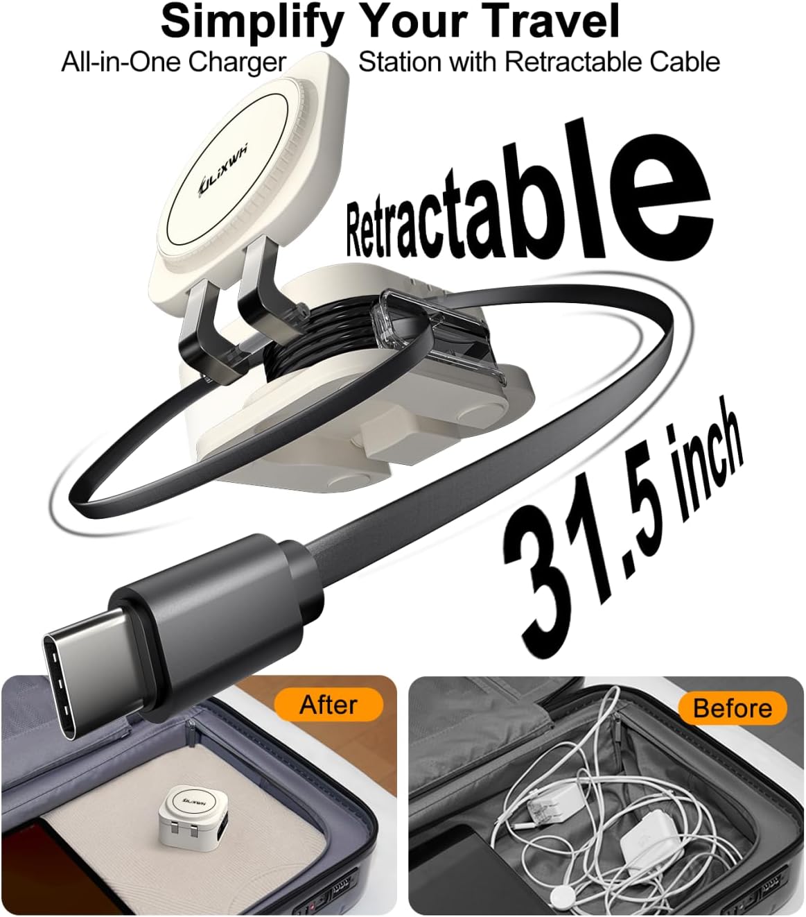 2025 Retractable 3 in 1 Charging Station for Apple,15W Fast for MagSafe Magnetic Wireless Charger with Retractable Cable, Foldable Travel Stand for iPhone 16 15 14 13 12 Pro Max iWatch Airpods