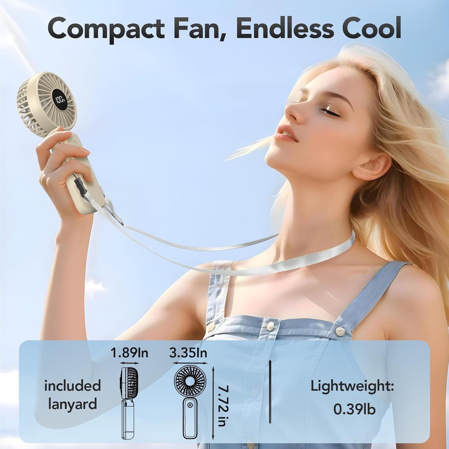 PANERGY Portable Handheld Fan, 5000mAh Rechargeable, 14H Max Cooling Time, 4 Gear Wind & LED Display, 90° Foldable Design, 3-IN-1 Mini Fan for Travel Working Concerts Makeup - Beige