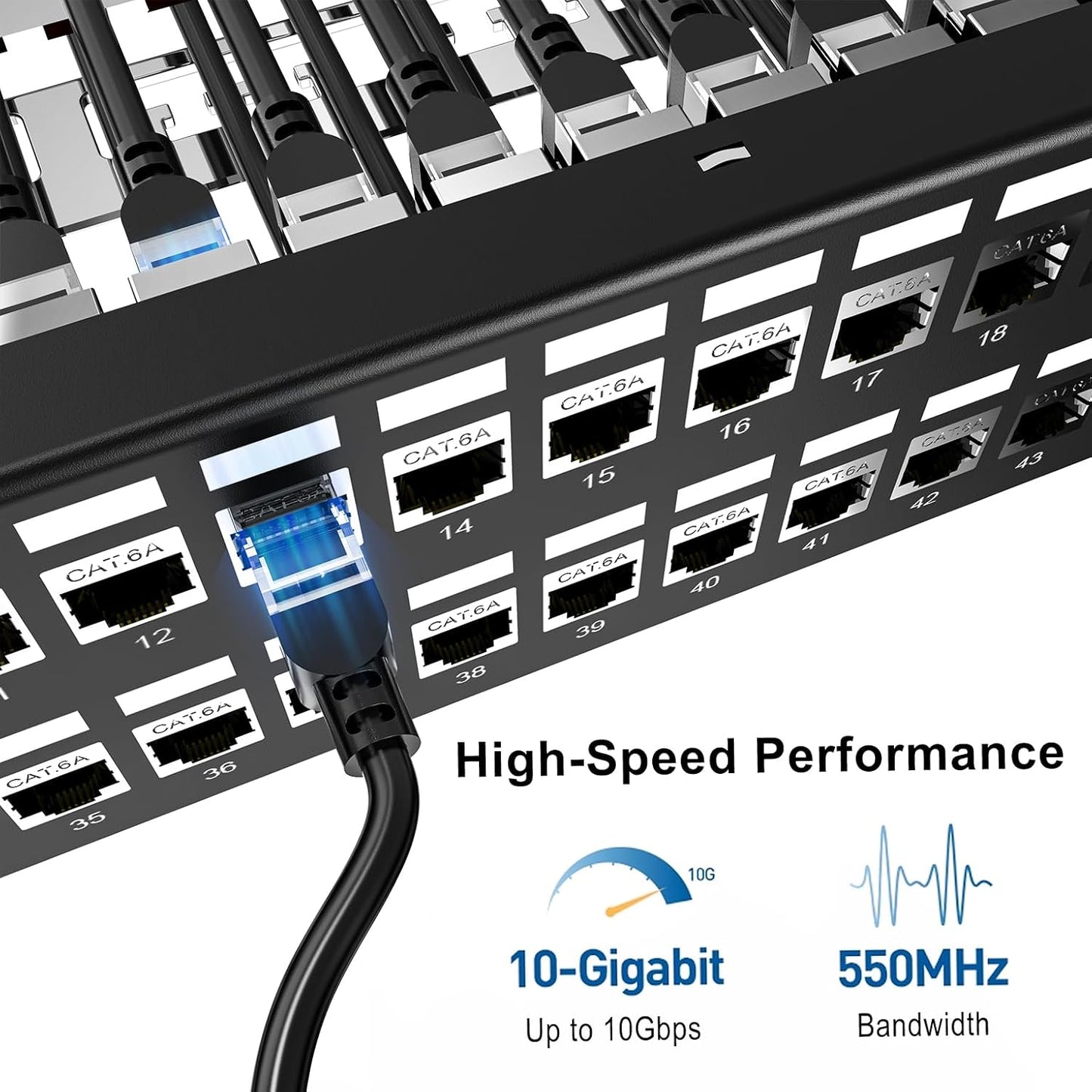 Jadaol 48 Port Shielded Patch Panel Rack or Wall Mount 19-Inch, 2U Cat6A Network Panel Preloaded with 48 Keystone Couplers Plus 2 Spare, 10Gbps Ethernet Panel with Cable Management & Back Support Bar