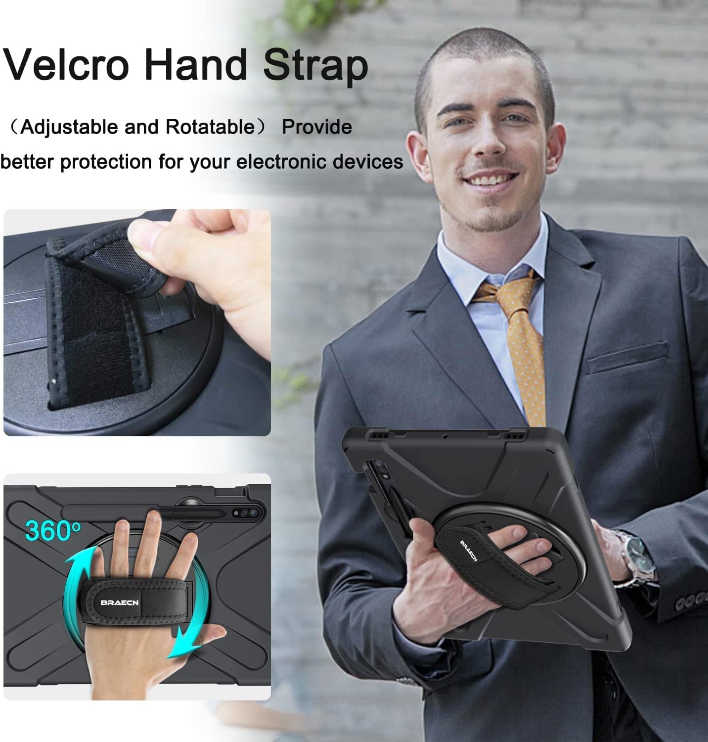 BRAECN for Samsung Galaxy Tab S10 Plus Case 2024/S9 Plus/S9 FE+/S8 Plus/S7 Plus /S7 FE 12.4 Inch,Heavy Duty Shockproof Case with S Pen Holder&360 Rotating Hand Strap/Kickstand Shoulder Strap,Black