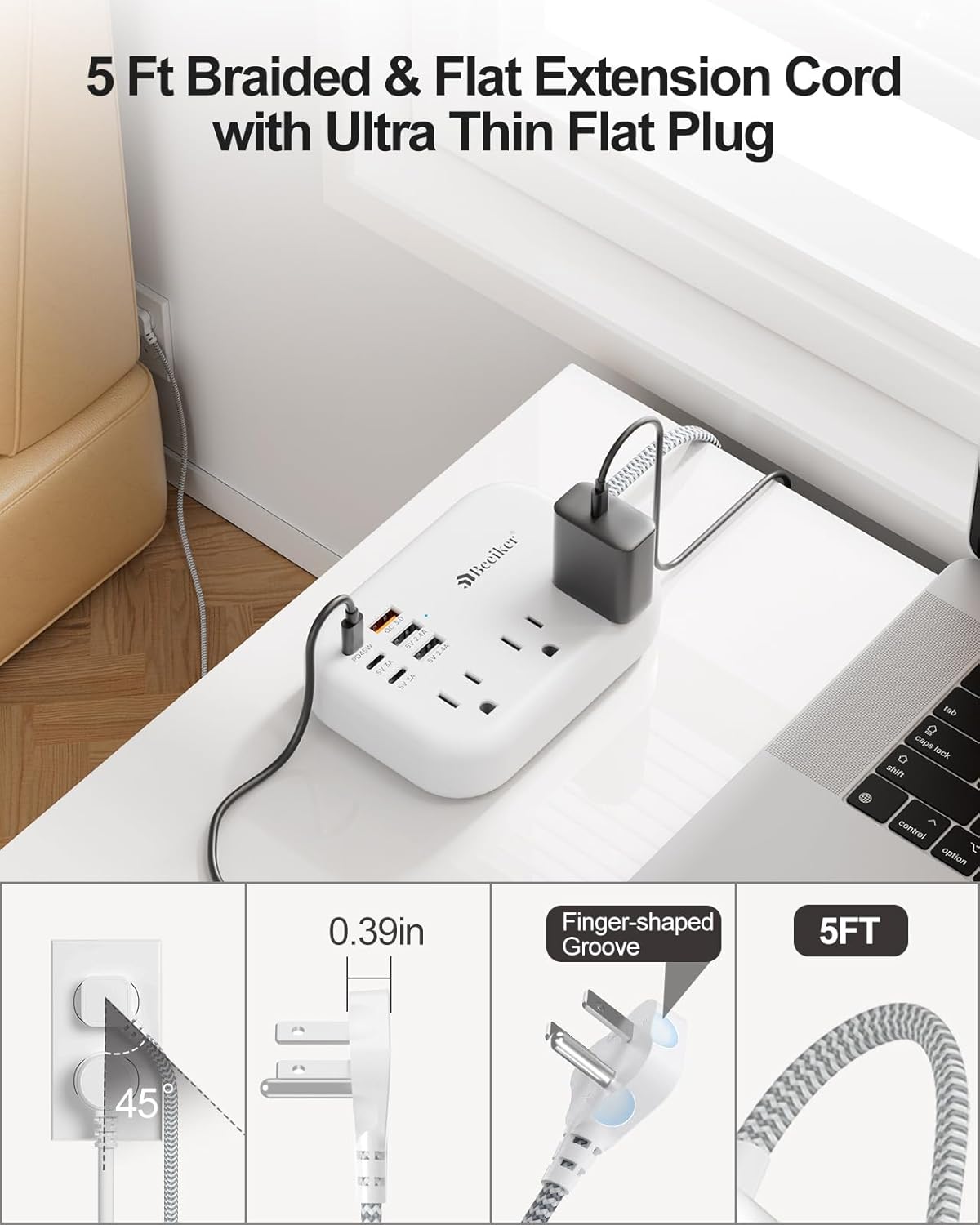 PD45W USB C Travel Power Strip, Cruise Power Strip with 6 USB(3 USB C) Ports and 3 Outlets, 5Ft Flat Plug Braided Extension Cord, 45W Fast Charging Station for MacBook Laptops iPad Pro iPhone Samsung