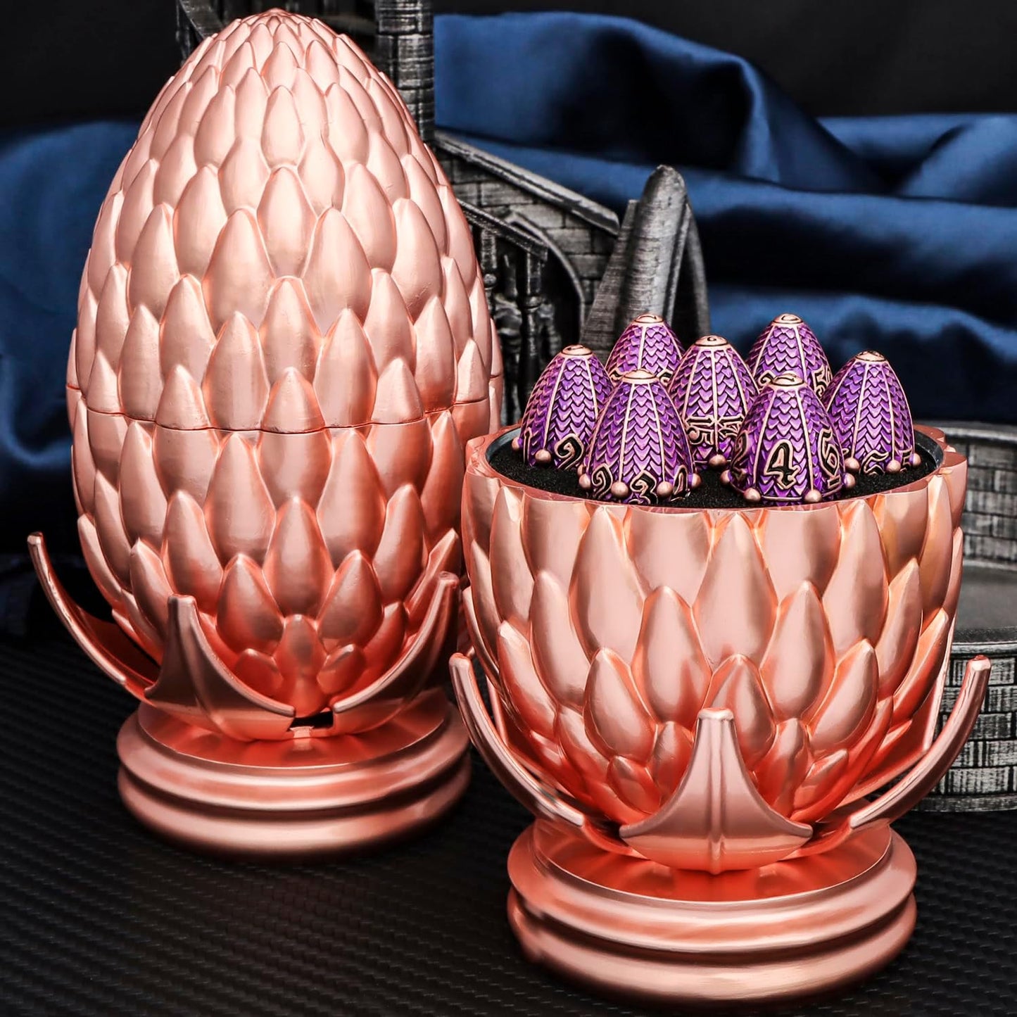 ARUOHHA DND Metal Dice Copper Purple Dragon Egg Dice with Rotating Dragon Egg Shell, Role Playing Game RPG Polyhedral D and D Dice Set D20 D12 D10 D8 D6 D4