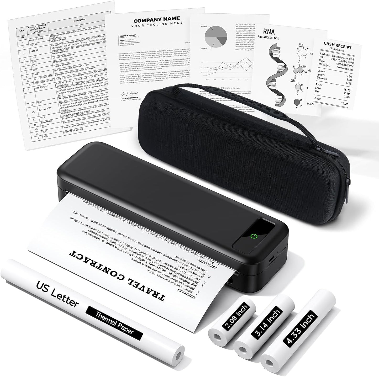 Portable Printers Wireless for Travel, Bluetooth Inkless Thermal Printer, Support 8.5" X 11" US Letter & A4 Size, Small Mobile Printer with Carry Case, Compatible with Phone Laptop for Office Car Home