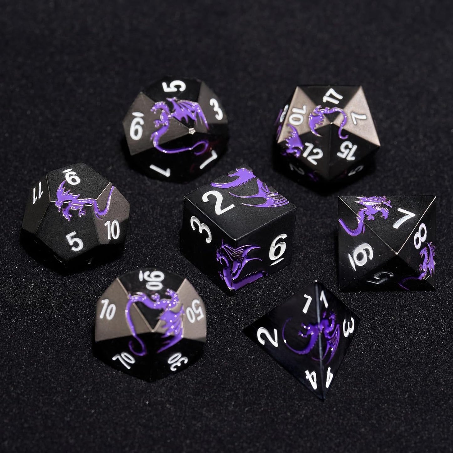 Metal Dice Set D&D, HNCCESG Polyhedral Dice 7 Piece Dice Dragon Metallic DND Dice Set for Dungeons and Dragon RPG Tabletop Game(Black Purple Dragon)
