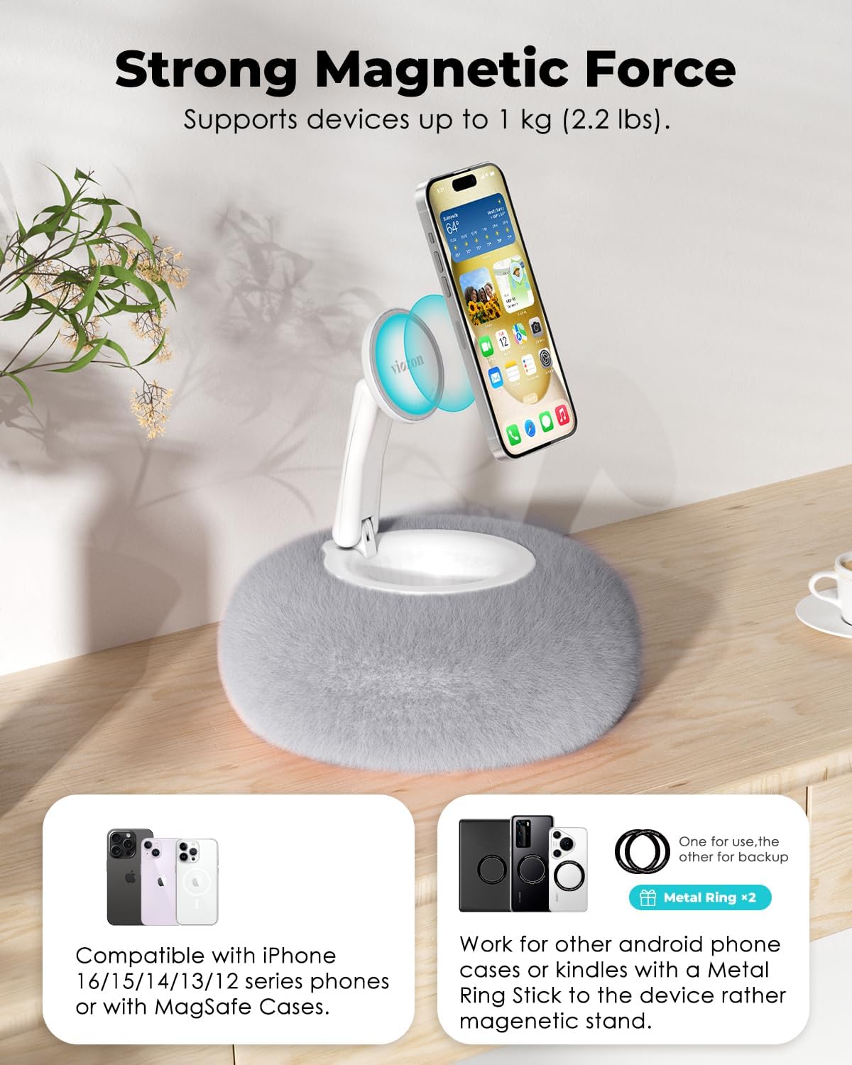 Viozon Phone Holder for Bed, Magnetic Pillow Stand, Compatible with 4-7" Phone/Kindle with Small Storage, Removable Suction Base for Stability, Idea for Kindle Reading and Video Watching On Bed,Grey