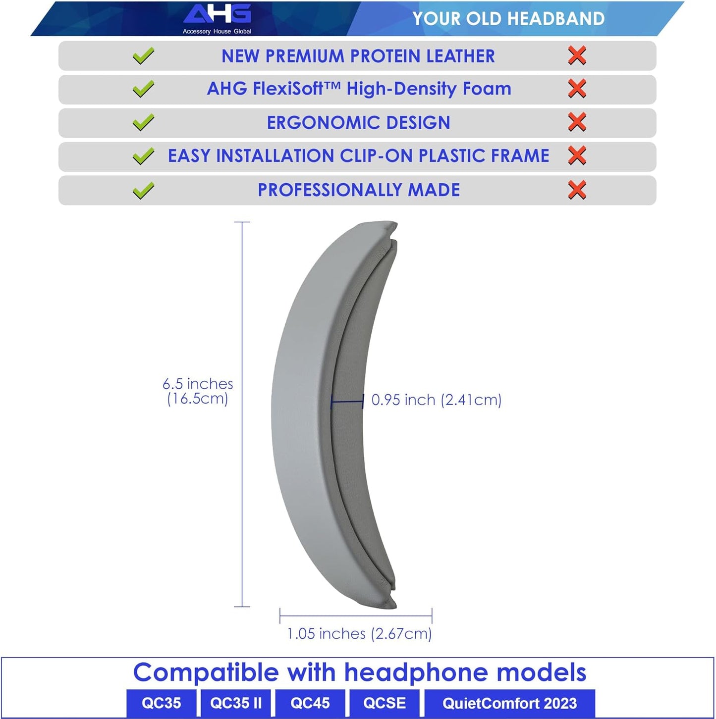 QC35 II Headband Pad Cushion Cover Compatible With Bose QuietComfort 35 Headphones (Grey) - Easy Clip-on Design, Premium PU, FlexiSoft High-Density Foam