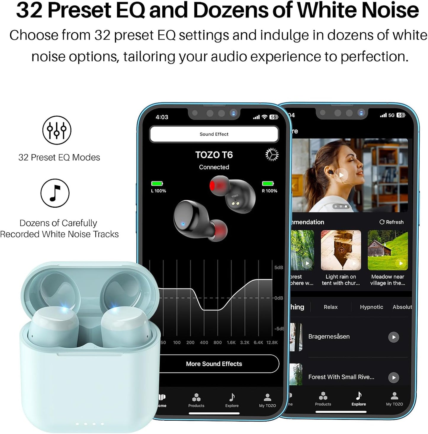 TOZO T6 Wireless Earbuds, Bluetooth 5.3 Ear Buds, Stereo Sound in Ear Headphones, 50 Hours Playtime, Wireless Charging Case, APP Customizable EQs, IPX8 Waterproof Earphones